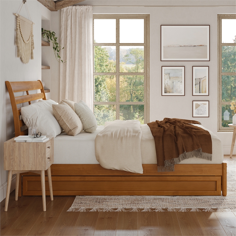 Emelie King Wood Platform Bed with Panel Footboard & TXL Trundle in Light Toffee