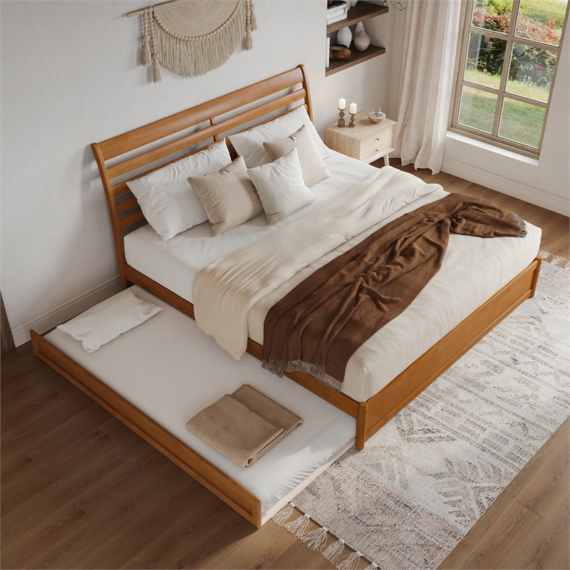 Emelie King Wood Platform Bed with Panel Footboard & TXL Trundle in Light Toffee