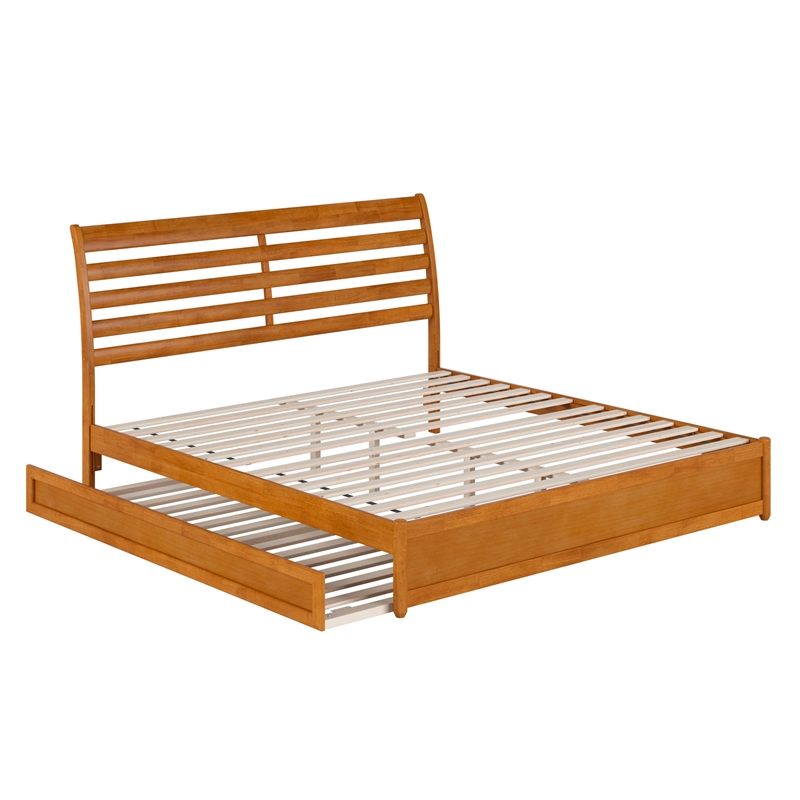 Emelie King Wood Platform Bed with Panel Footboard & TXL Trundle in Light Toffee