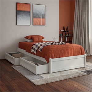 Barcelona Twin XL Solid Wood Panel Platform Bed with Storage Drawers in White