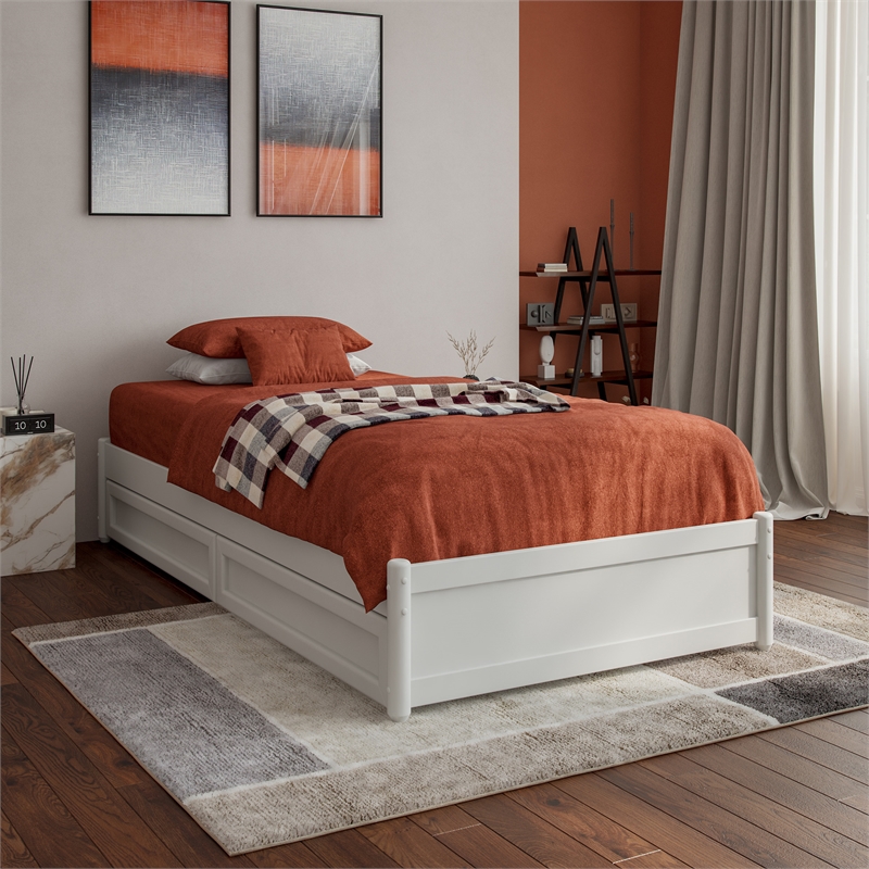Barcelona Twin XL Solid Wood Panel Platform Bed with Storage Drawers in White