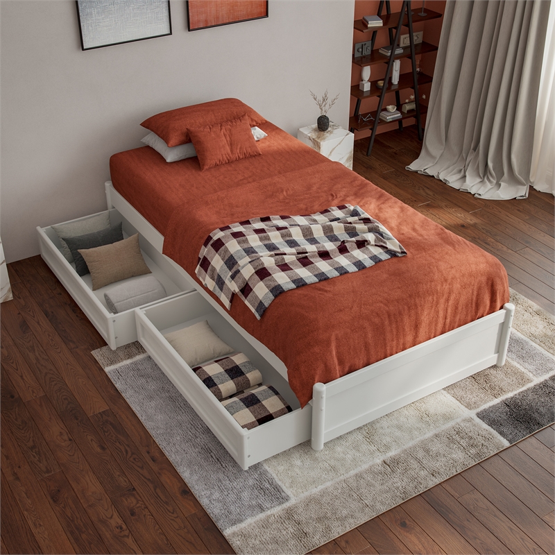 Barcelona Twin XL Solid Wood Panel Platform Bed with Storage Drawers in White