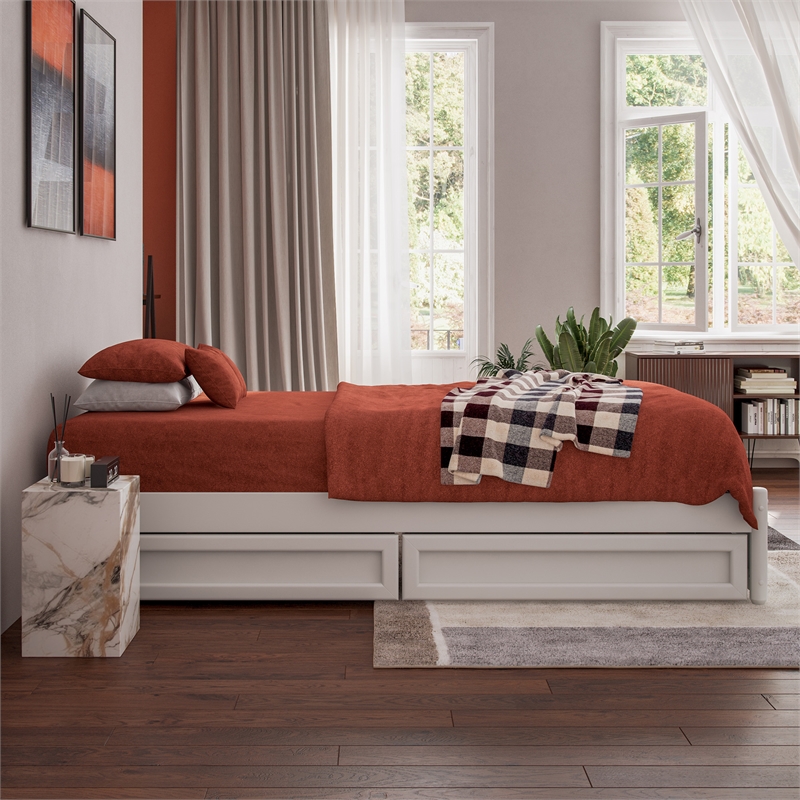 Barcelona Twin XL Solid Wood Panel Platform Bed with Storage Drawers in White