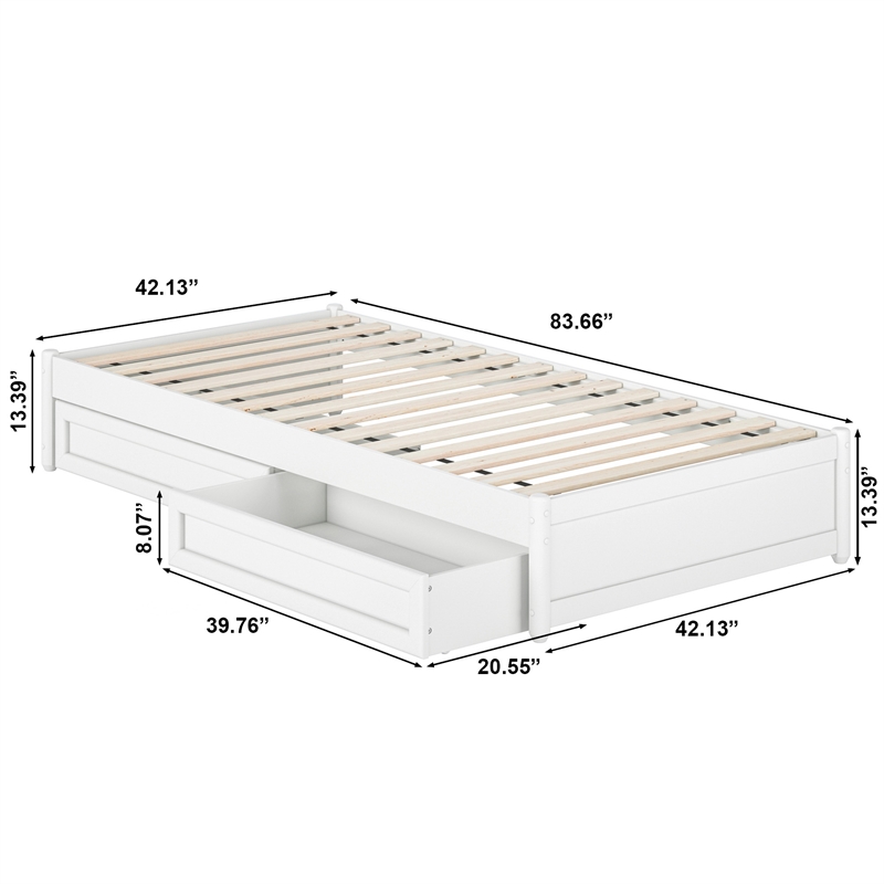 Barcelona Twin XL Solid Wood Panel Platform Bed with Storage Drawers in White