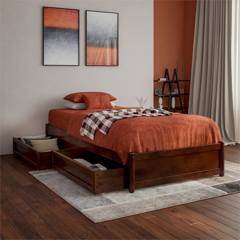 Barcelona Twin XL Solid Wood Panel Platform Bed with Storage Drawers in Walnut