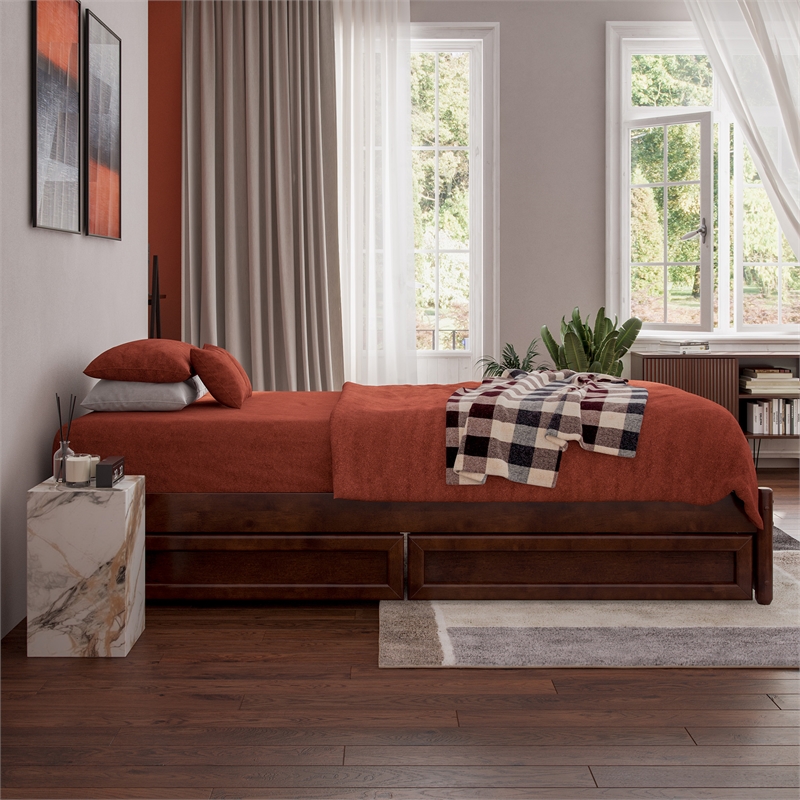 Barcelona Twin XL Solid Wood Panel Platform Bed with Storage Drawers in Walnut