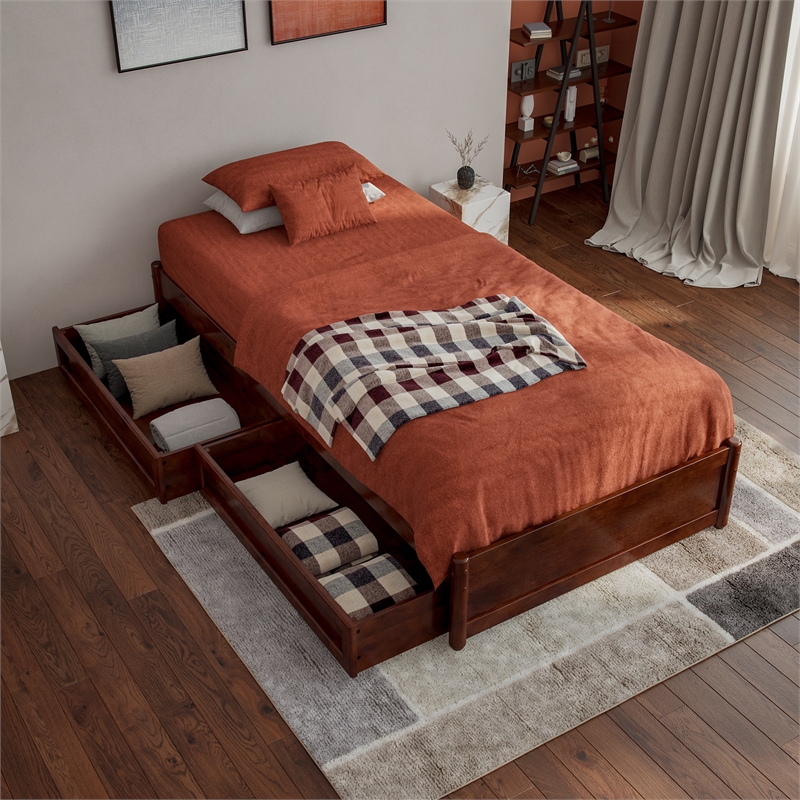 Barcelona Twin XL Solid Wood Panel Platform Bed with Storage Drawers in Walnut