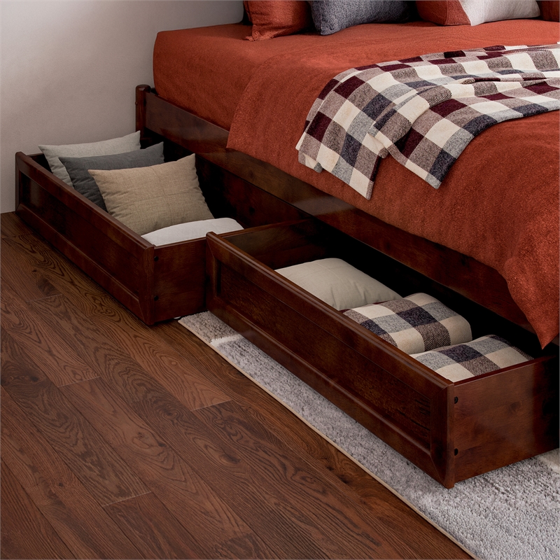 Barcelona Twin XL Solid Wood Panel Platform Bed with Storage Drawers in Walnut