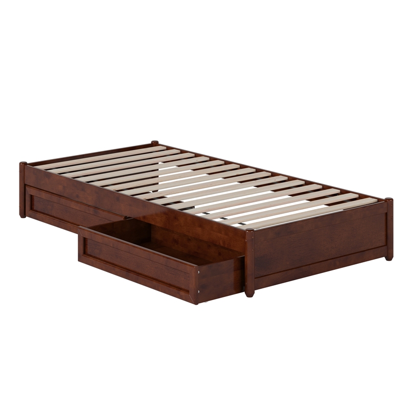 Barcelona Twin XL Solid Wood Panel Platform Bed with Storage Drawers in Walnut