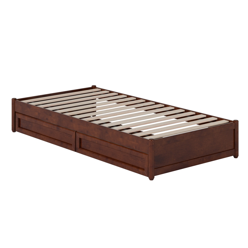 Barcelona Twin XL Solid Wood Panel Platform Bed with Storage Drawers in Walnut