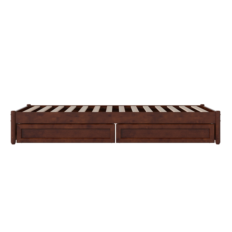 Barcelona Twin XL Solid Wood Panel Platform Bed with Storage Drawers in Walnut