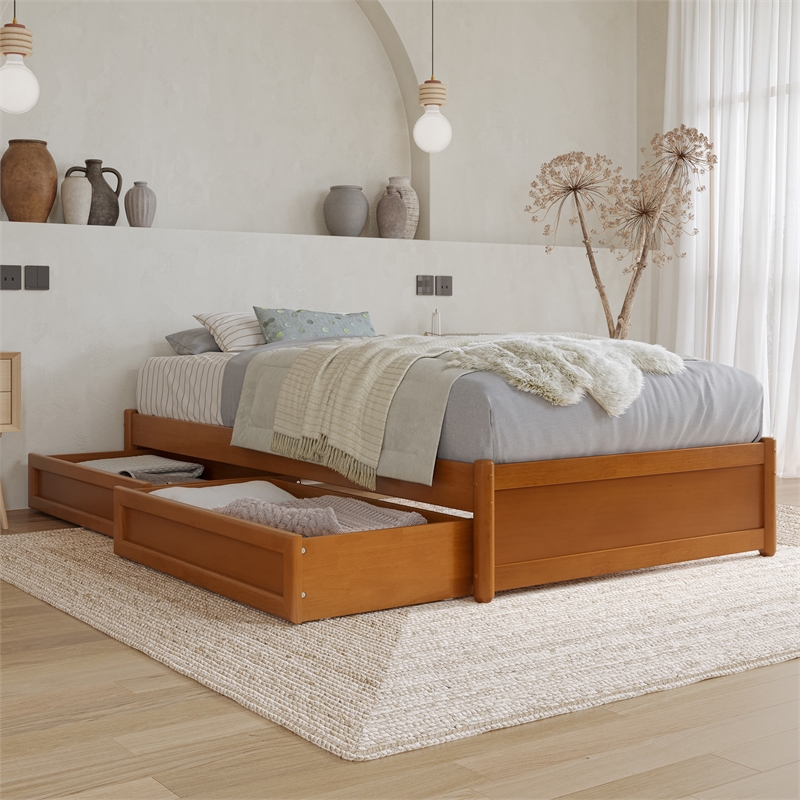 Barcelona Twin XL Panel Platform Bed with 2 Storage Drawers in Light Toffee