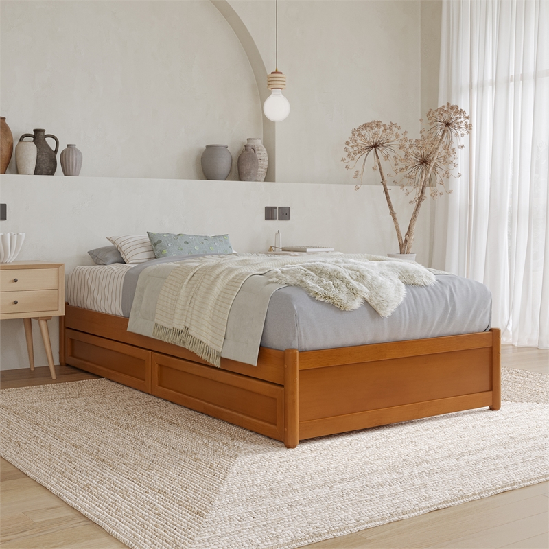 Barcelona Twin XL Panel Platform Bed with 2 Storage Drawers in Light Toffee