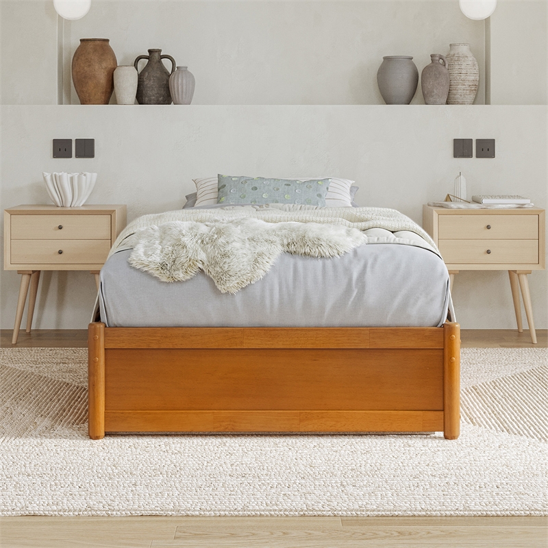 Barcelona Twin XL Panel Platform Bed with 2 Storage Drawers in Light Toffee