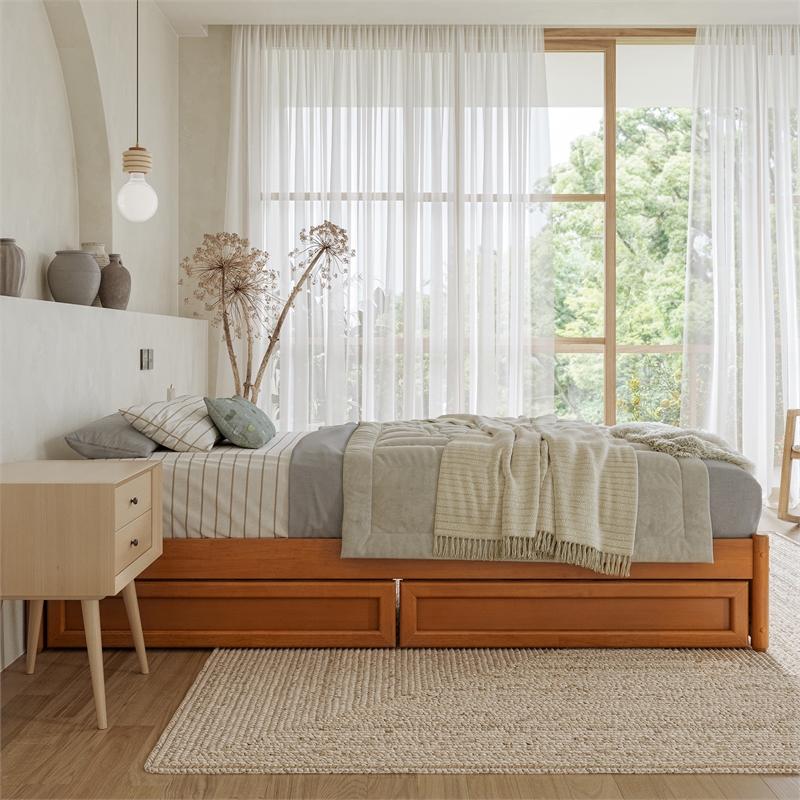 Barcelona Twin XL Panel Platform Bed with 2 Storage Drawers in Light Toffee