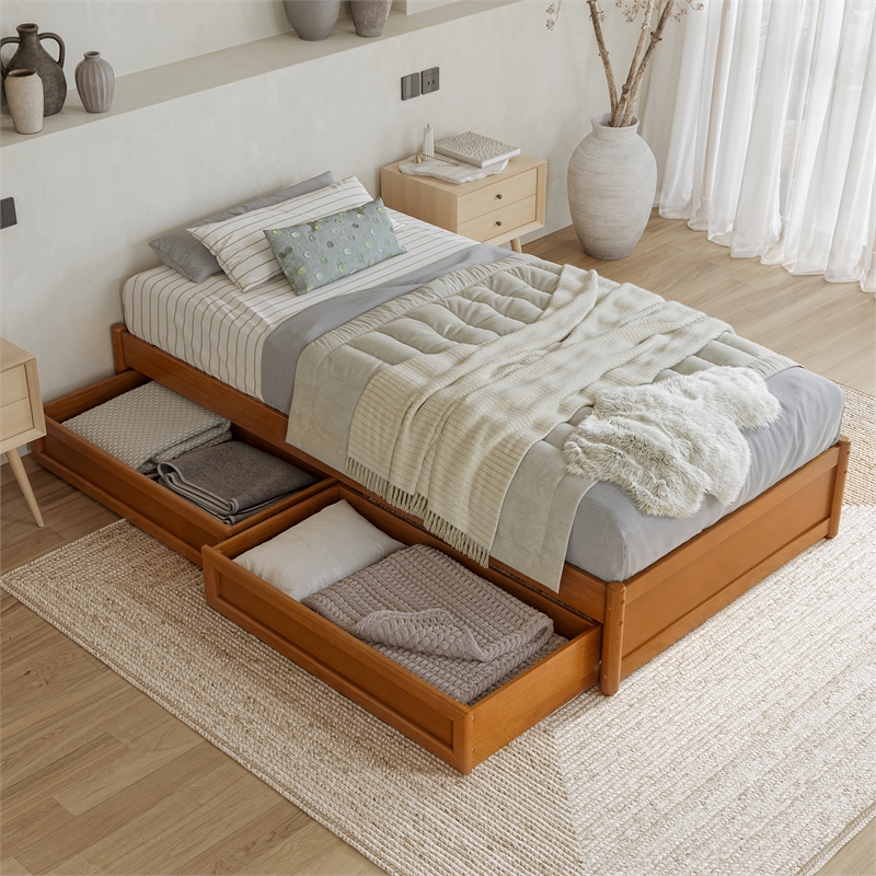 Barcelona Twin XL Panel Platform Bed with 2 Storage Drawers in Light Toffee