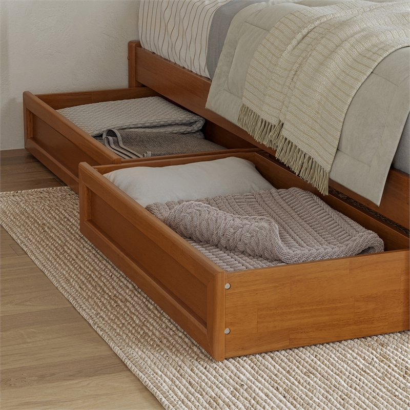 Barcelona Twin XL Panel Platform Bed with 2 Storage Drawers in Light Toffee