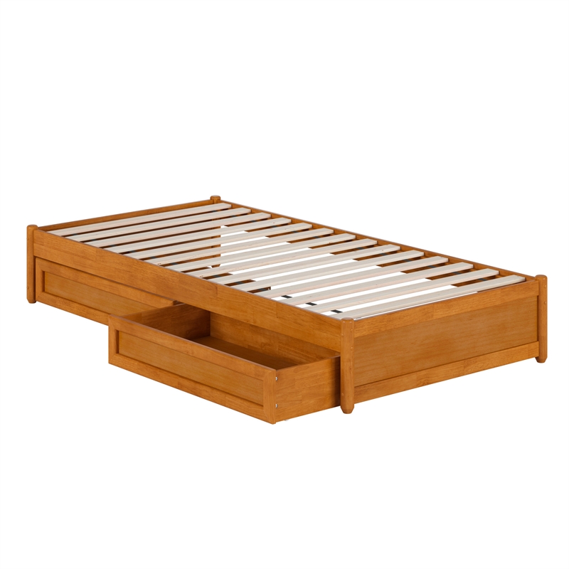 Barcelona Twin XL Panel Platform Bed with 2 Storage Drawers in Light Toffee