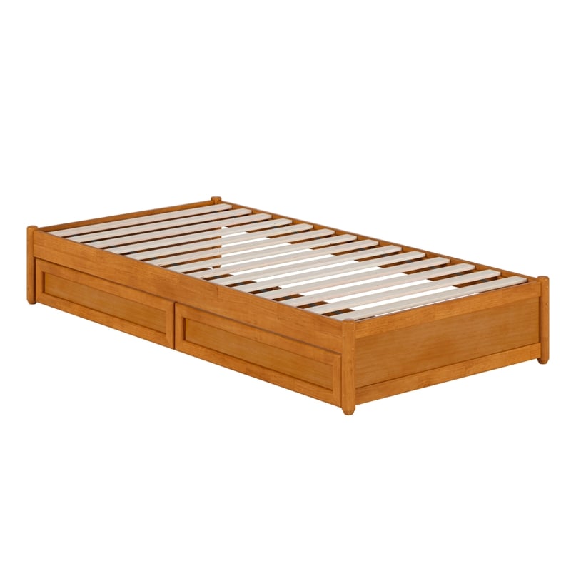 Barcelona Twin XL Panel Platform Bed with 2 Storage Drawers in Light Toffee