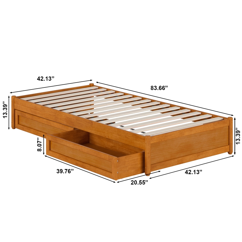 Barcelona Twin XL Panel Platform Bed with 2 Storage Drawers in Light Toffee