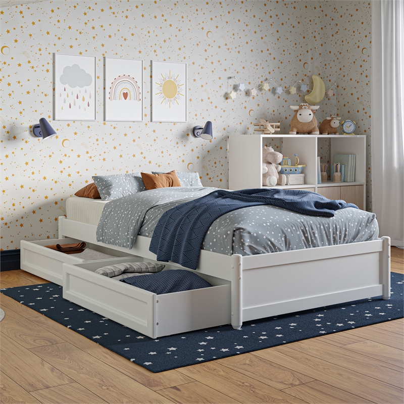 Barcelona Twin Panel Platform Bed with 2 Storage Drawers in White