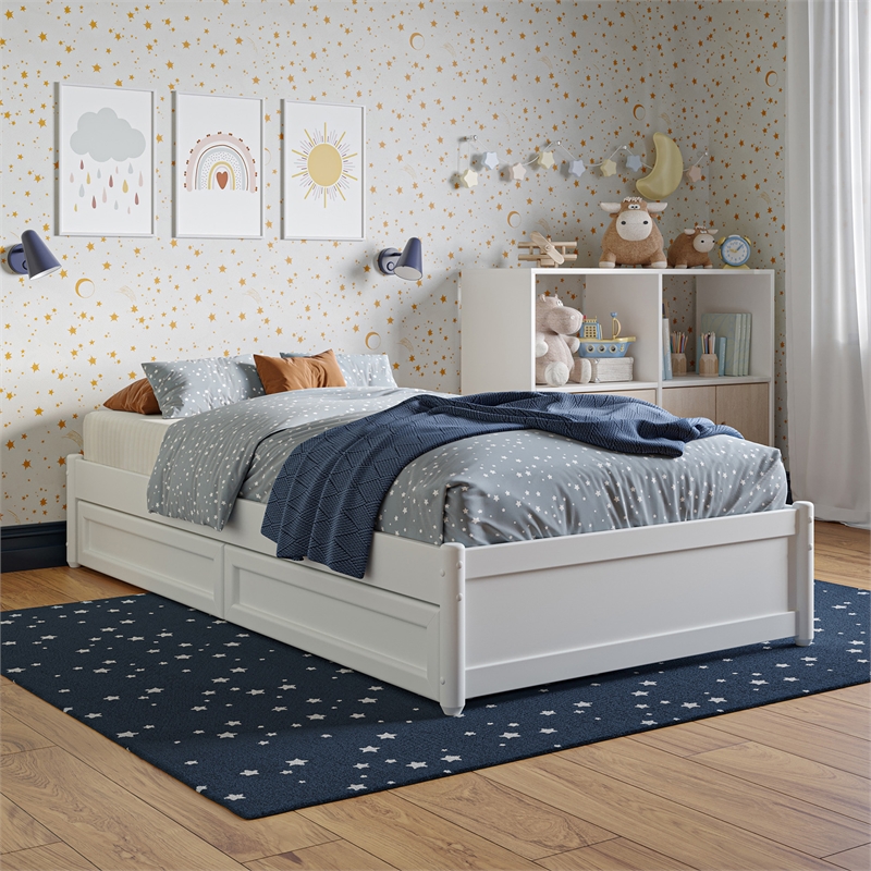Barcelona Twin Panel Platform Bed with 2 Storage Drawers in White