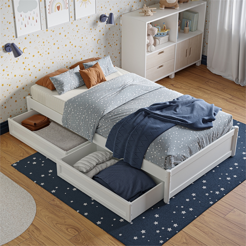 Barcelona Twin Panel Platform Bed with 2 Storage Drawers in White