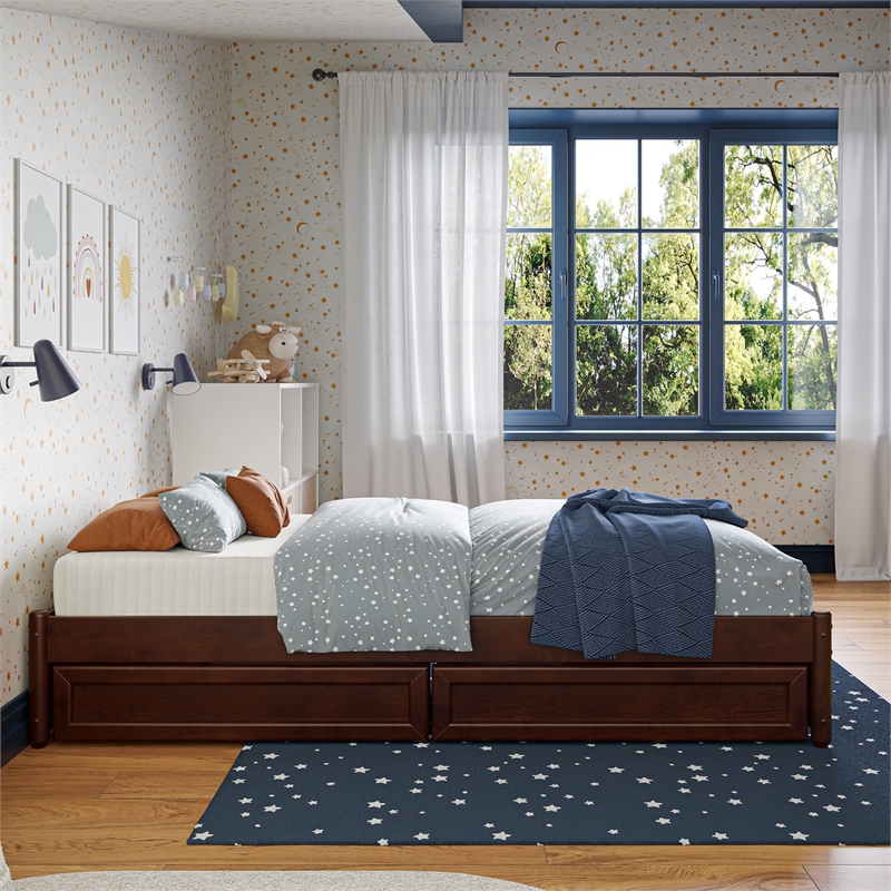 Barcelona Twin Panel Platform Bed with 2 Storage Drawers in Walnut