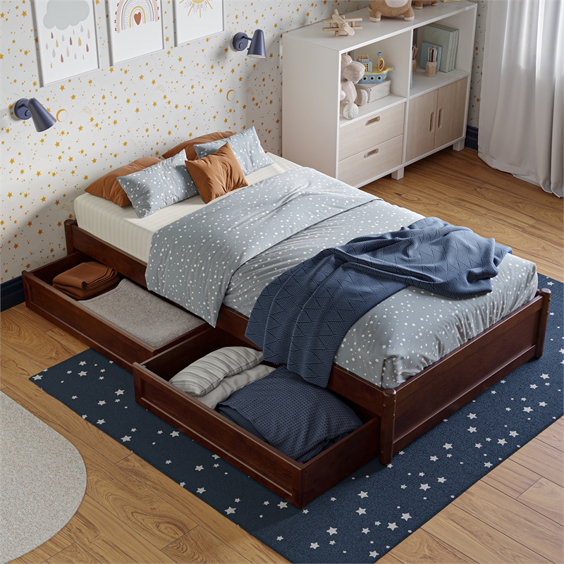 Barcelona Twin Panel Platform Bed with 2 Storage Drawers in Walnut