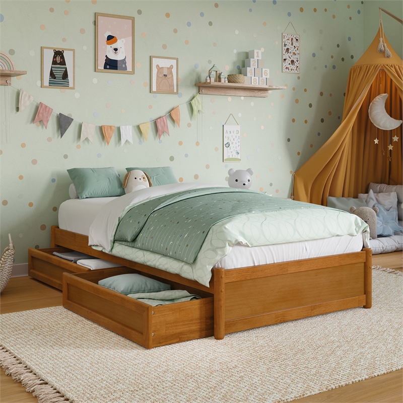 Barcelona Twin Panel Platform Bed with 2 Storage Drawers in Light Toffee