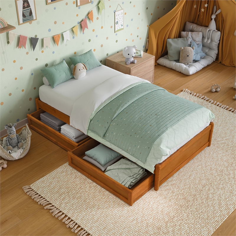 Barcelona Twin Panel Platform Bed with 2 Storage Drawers in Light Toffee