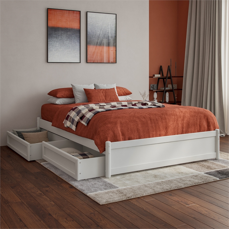 Barcelona Full Panel Platform Bed with 2 Storage Drawers in White
