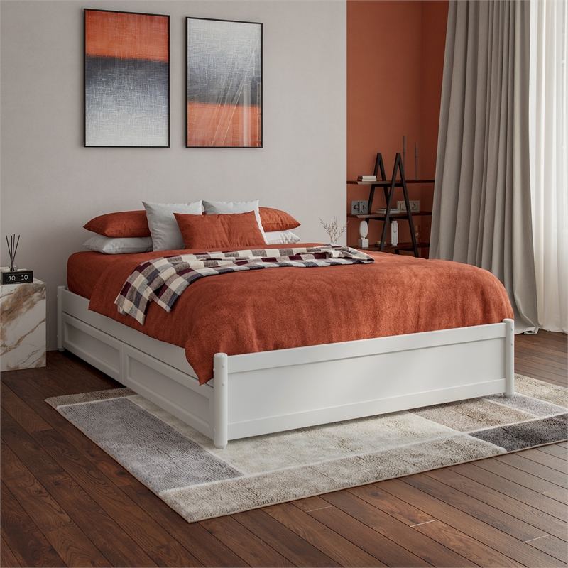 Barcelona Full Panel Platform Bed with 2 Storage Drawers in White