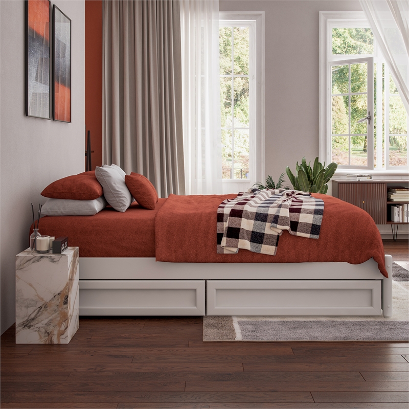 Barcelona Full Panel Platform Bed with 2 Storage Drawers in White