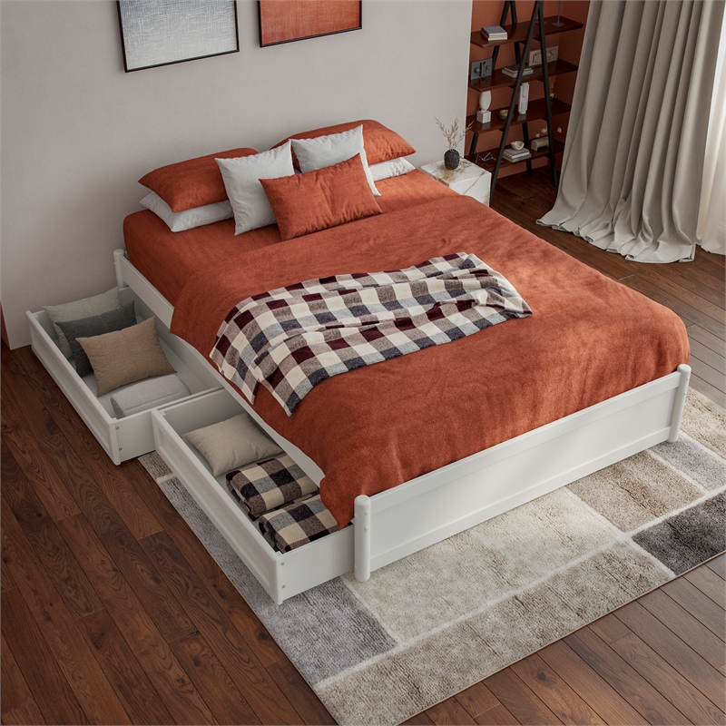 Barcelona Full Panel Platform Bed with 2 Storage Drawers in White