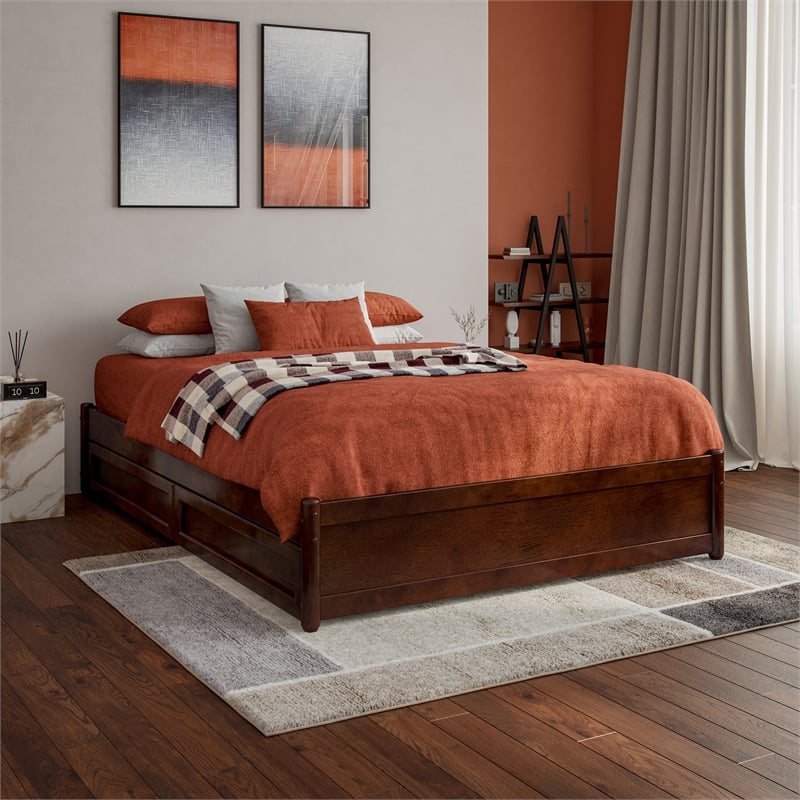 Barcelona Full Panel Platform Bed with 2 Storage Drawers in Walnut