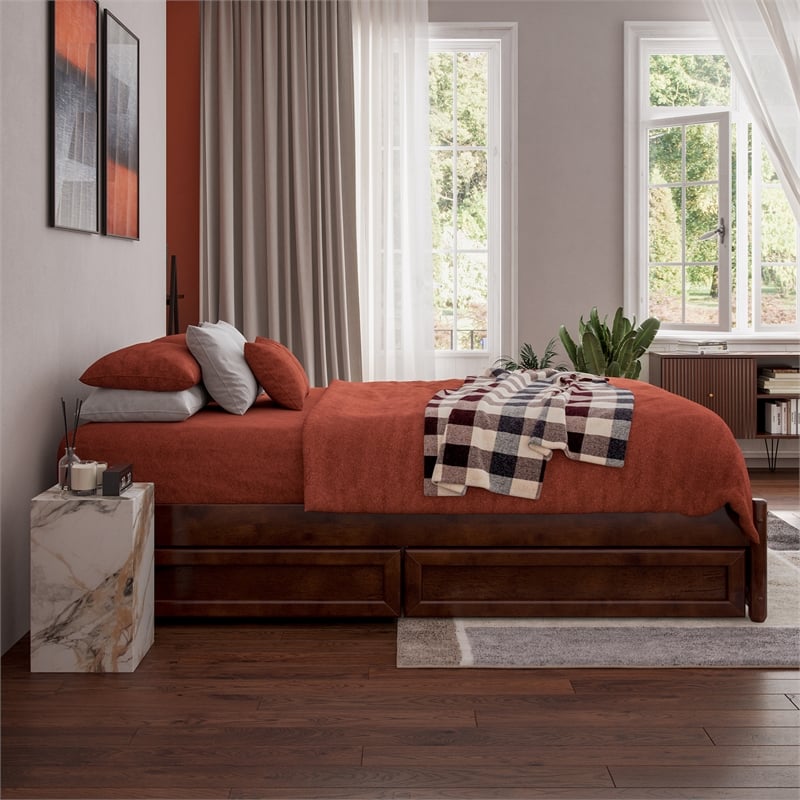 Barcelona Full Panel Platform Bed with 2 Storage Drawers in Walnut