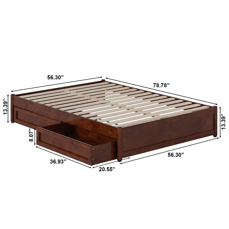 Barcelona Full Panel Platform Bed with 2 Storage Drawers in Walnut