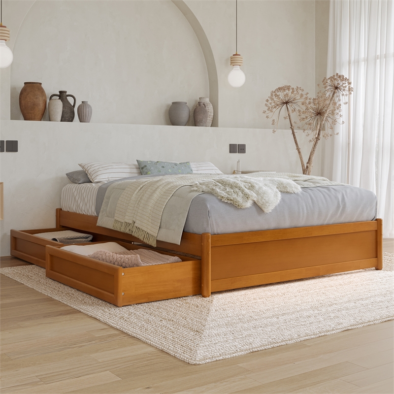 Barcelona Full Panel Platform Bed with 2 Storage Drawers in Light Toffee