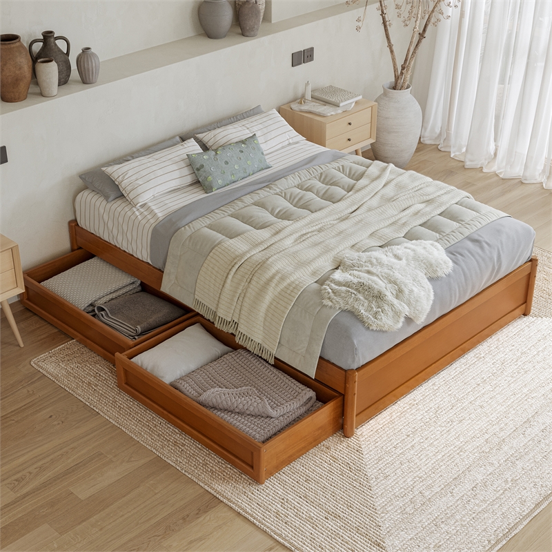 Barcelona Full Panel Platform Bed with 2 Storage Drawers in Light Toffee