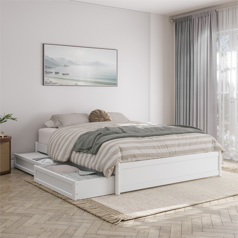 Barcelona Queen Panel Platform Bed with 2 Storage Drawers in White