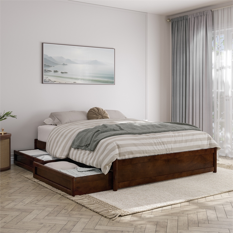 Barcelona Queen Panel Platform Bed with 2 Storage Drawers in Walnut