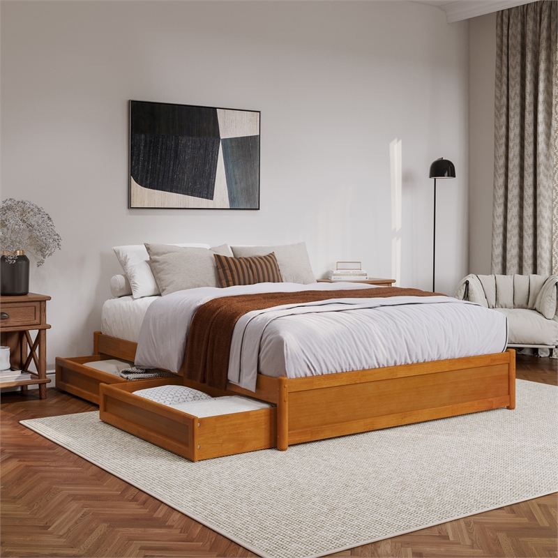 Barcelona Queen Panel Platform Bed with 2 Storage Drawers in Light Toffee