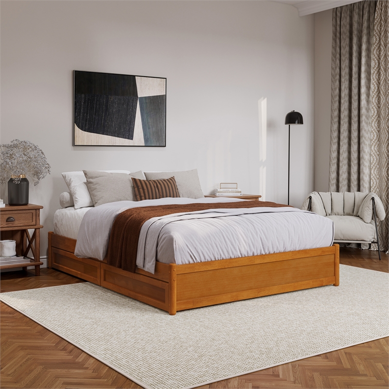 Barcelona Queen Panel Platform Bed with 2 Storage Drawers in Light Toffee