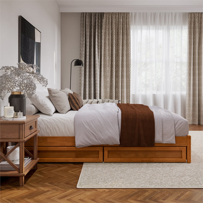 Barcelona Queen Panel Platform Bed with 2 Storage Drawers in Light Toffee