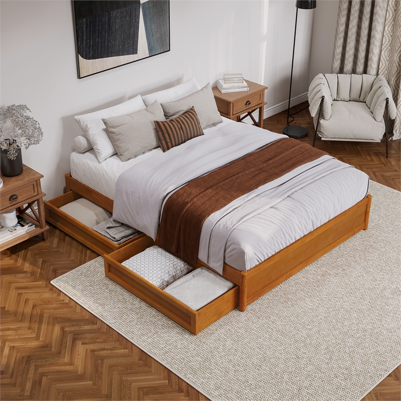 Barcelona Queen Panel Platform Bed with 2 Storage Drawers in Light Toffee