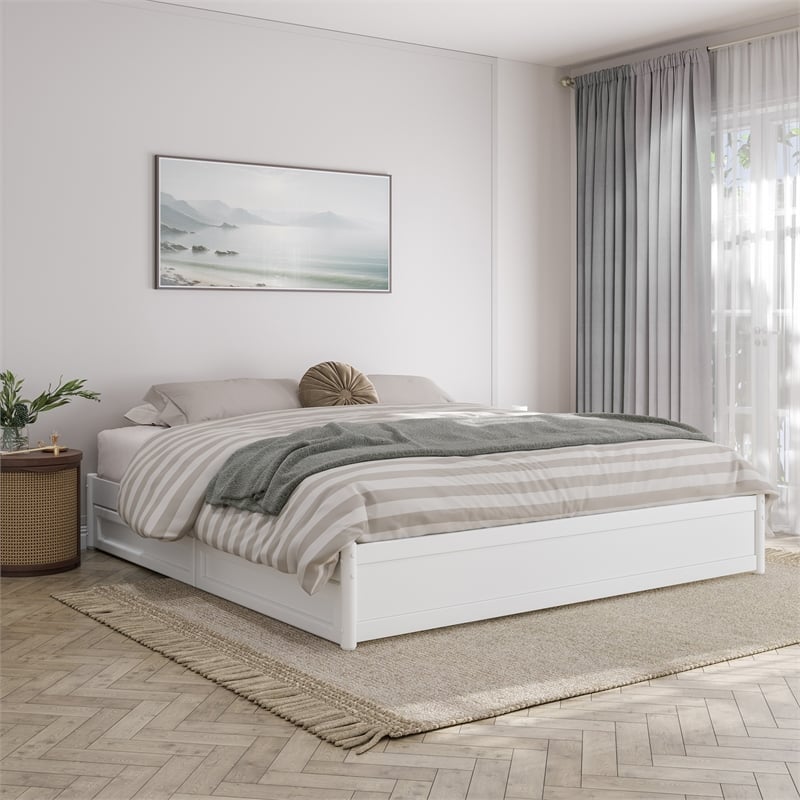 Barcelona King Panel Platform Bed with 2 Storage Drawers in White