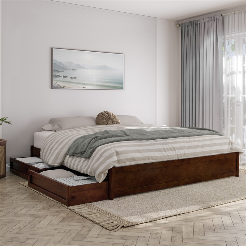 Barcelona King Panel Platform Bed with 2 Storage Drawers in Walnut