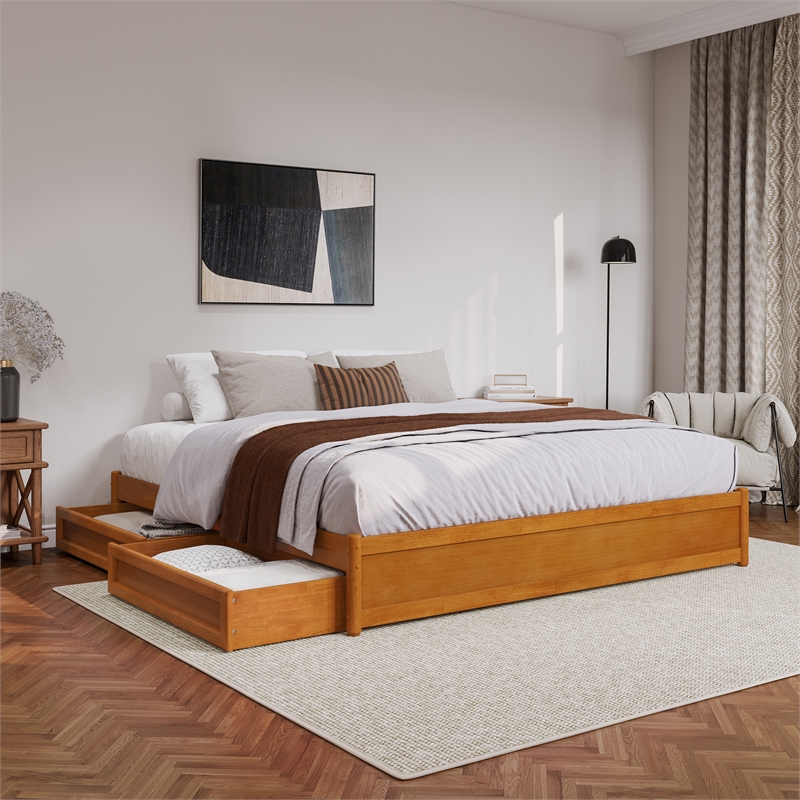Barcelona King Panel Platform Bed with 2 Storage Drawers in Light Toffee