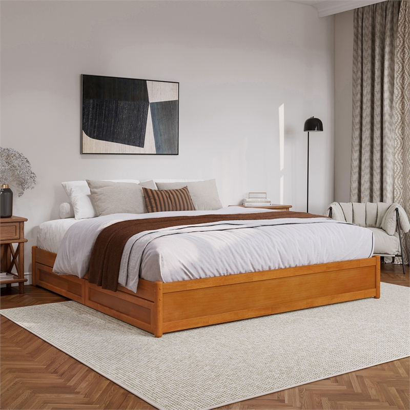 Barcelona King Panel Platform Bed with 2 Storage Drawers in Light Toffee